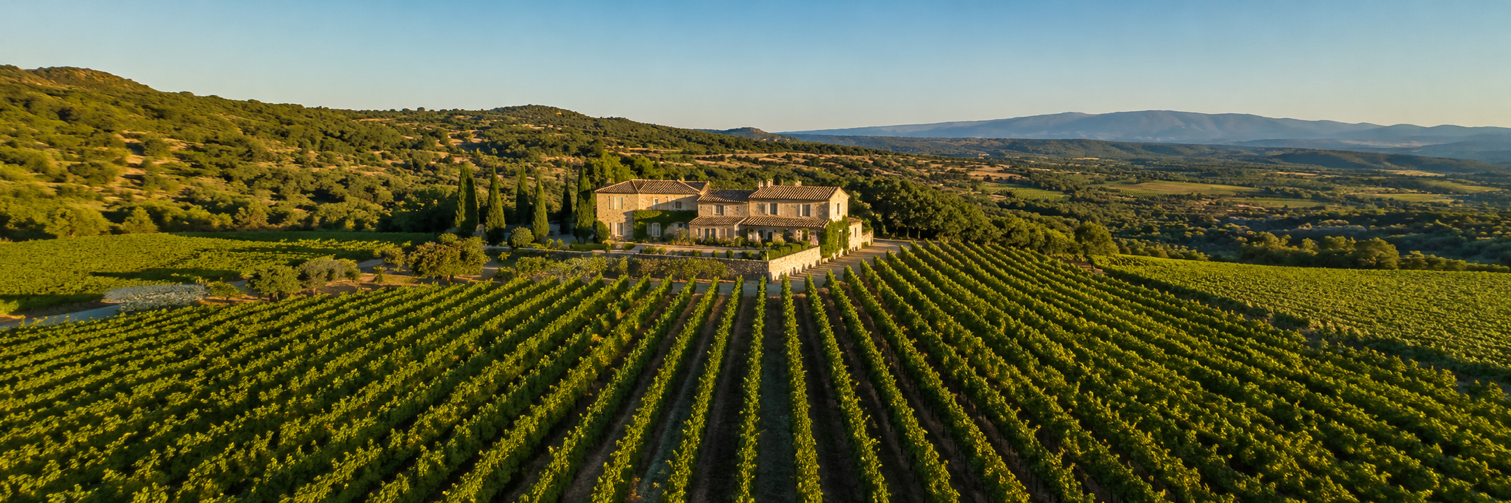 Vue aérienne par drone d'un vignoble provençal en Gard – suivi de cultures