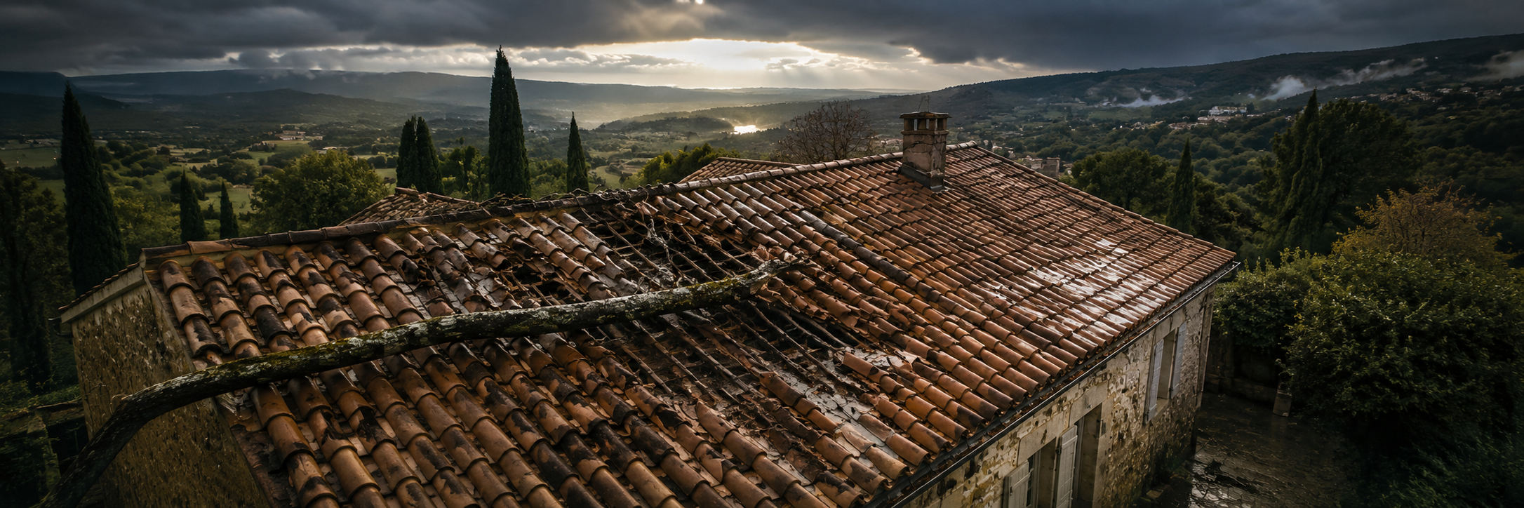 Dégâts de tempête sur toiture provençale vus par drone – documentation sinistre