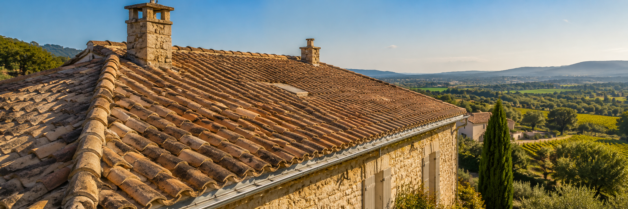 Inspection de toiture par drone en Gard – vue aérienne sur tuiles provençales